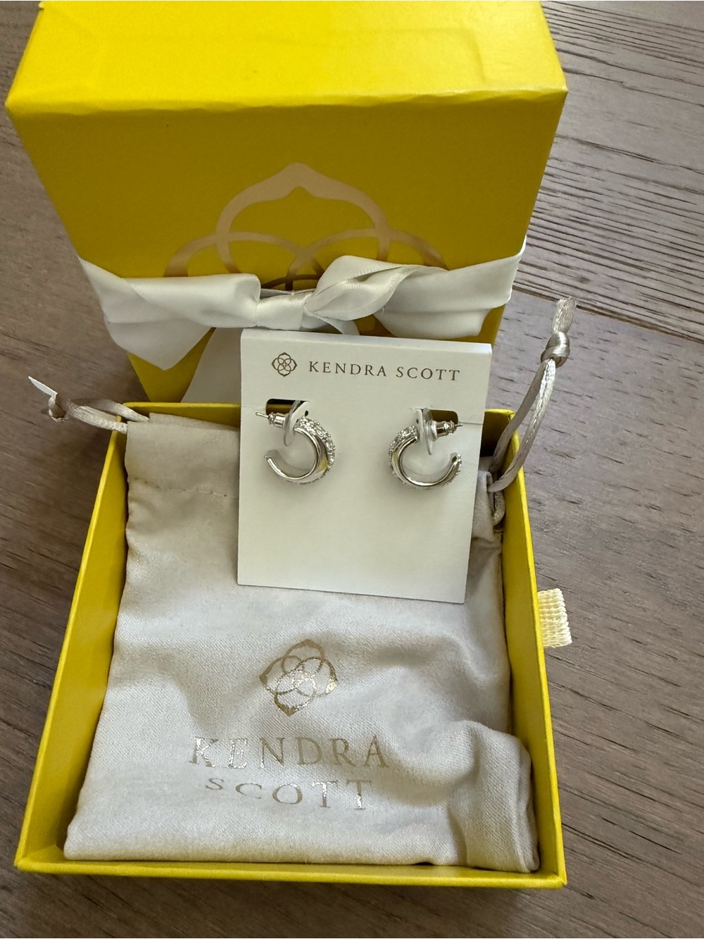 Kendra Scott Livy Huggie Earrings Rhodium Silver White Crystal NIB